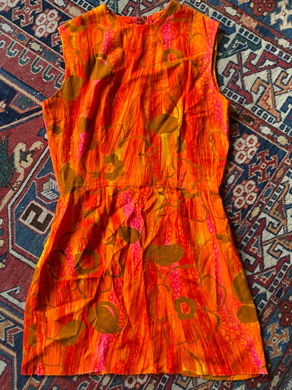 Vintage Orange Floral Mini Dress with Pink Accents